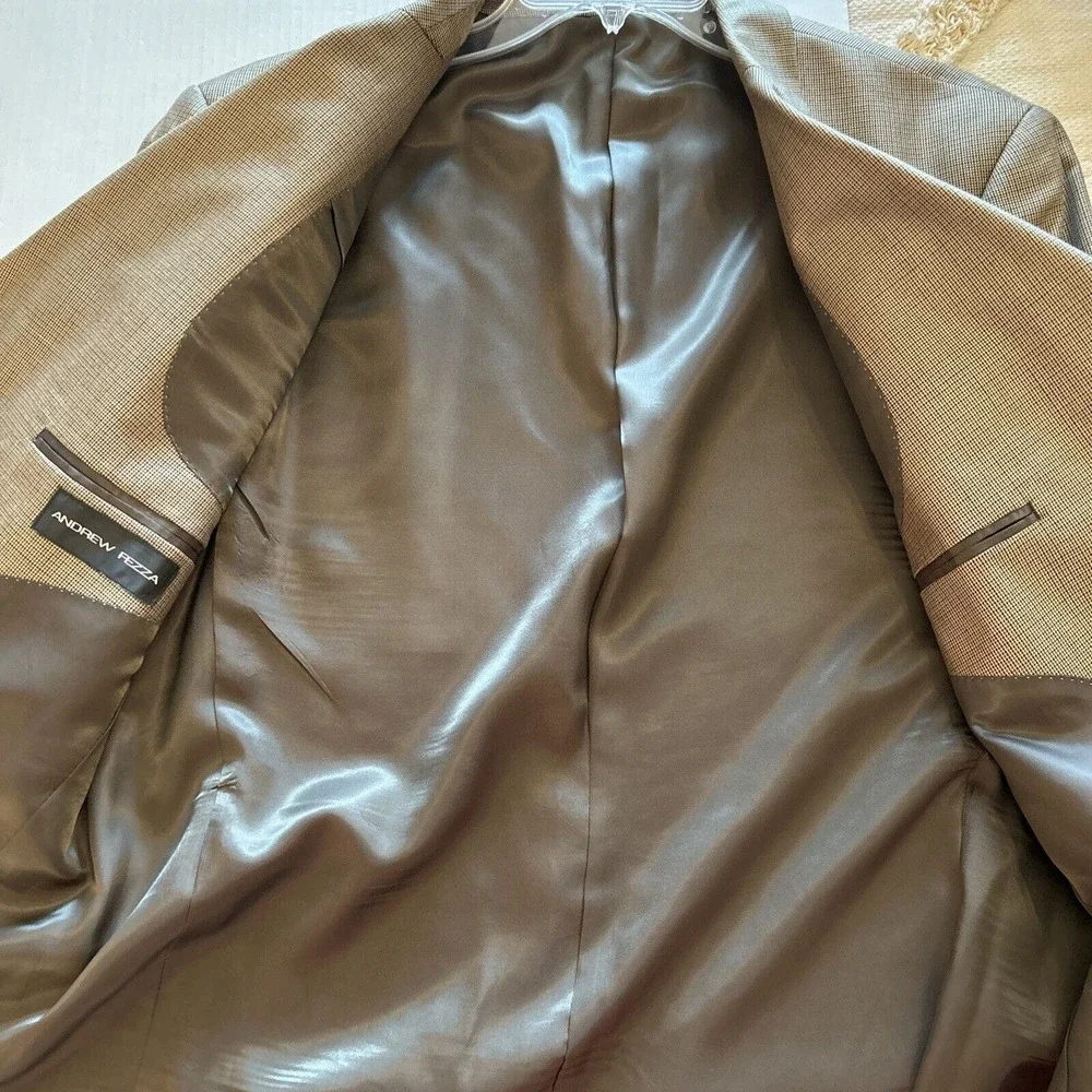 Andrew Fezza 42S Blazer Brown Micro Check Silk Wool Sport‎ Coat Designer Jacket